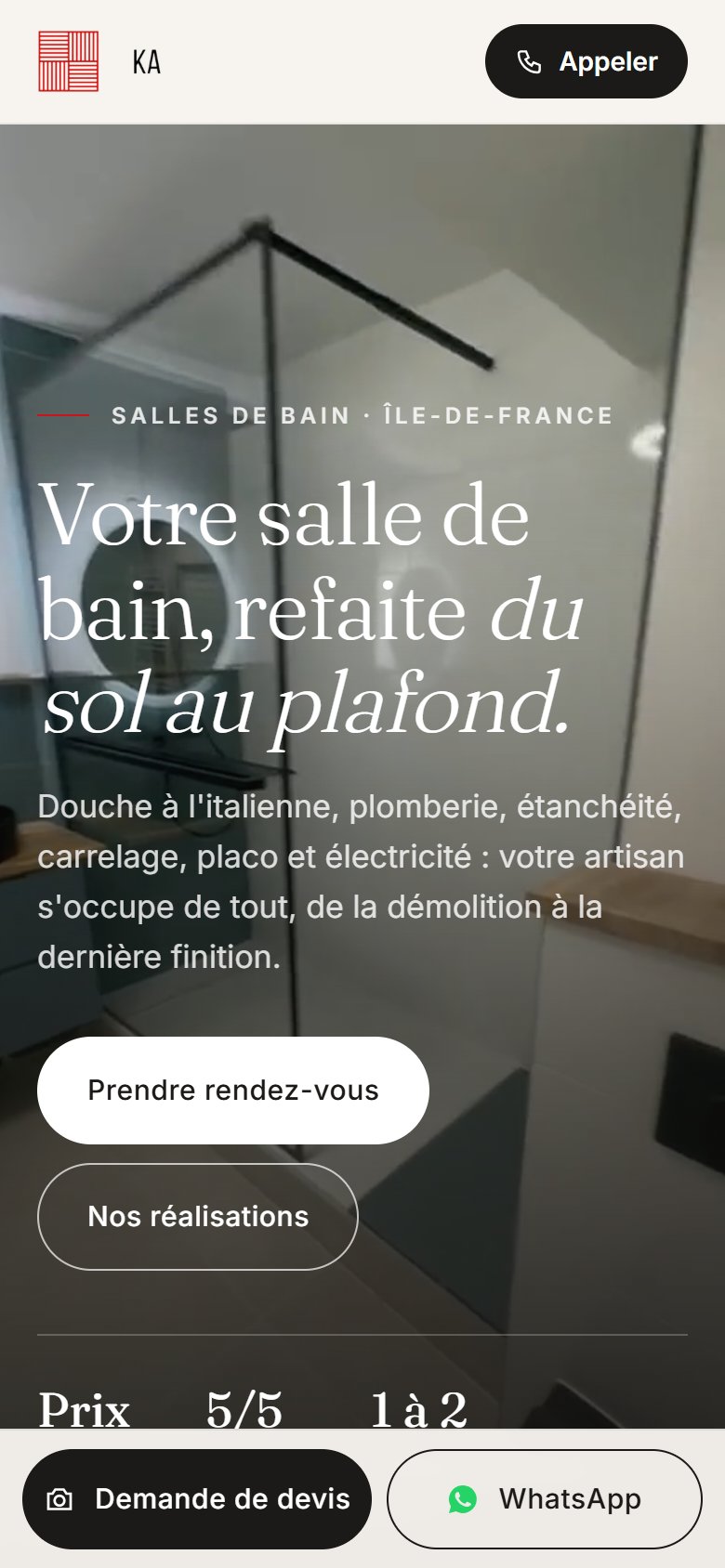Un site d'artisan réalisé par Nora Éditions, sur téléphone
